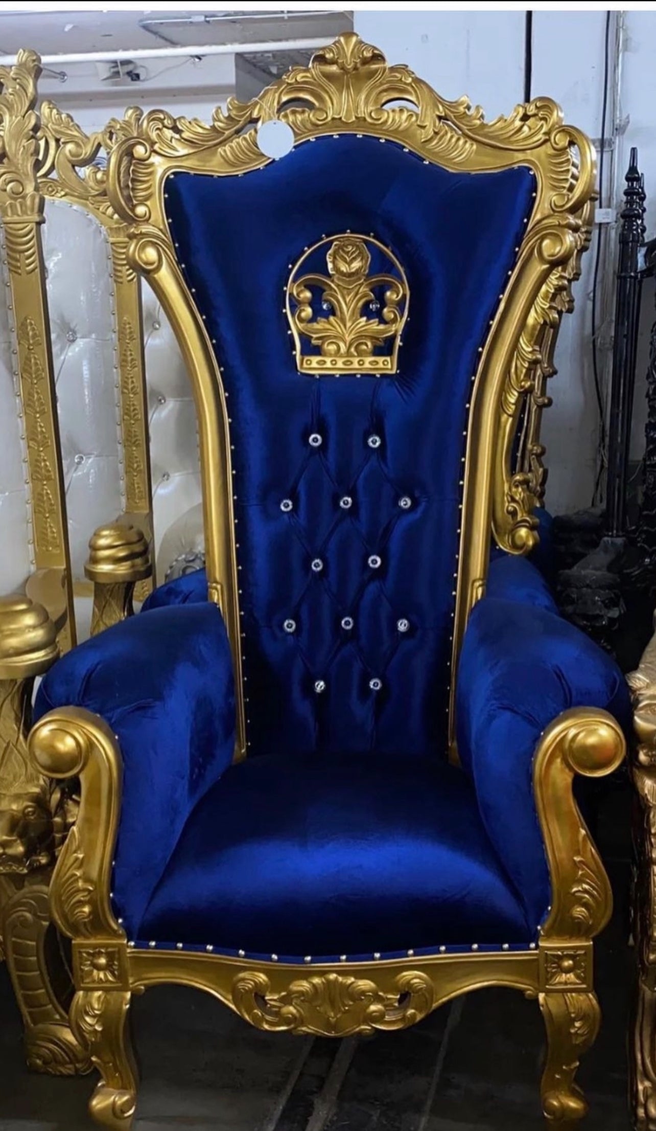 Blue and gold throne chair rental