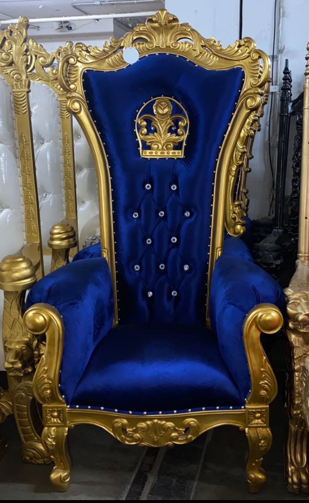 Blue and gold throne chair rental