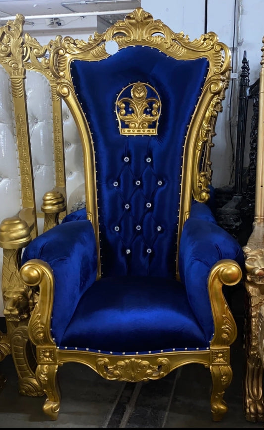 Blue and gold throne chair rental